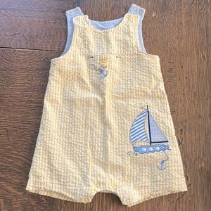 Yellow seersucker sailboat john john, romper, shortall